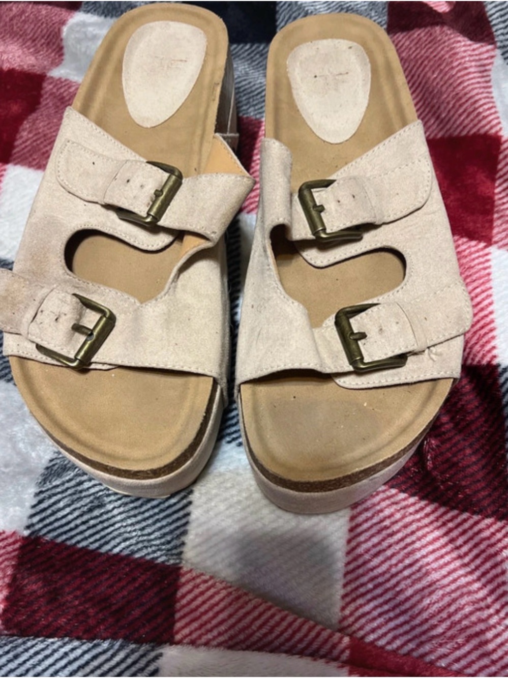 JustFab Beige Double-Buckle Suede Slide Sandals